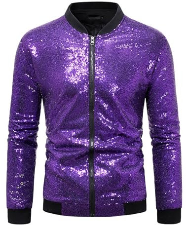 DUHENWU Pailletten Jacke Herren 80Er Jahre Outfit Mit Reißverschluss Übergangsjacke Karneval Kostüm Party Disco Kleidung Glänzende Clubwear Casual Lässiges Streetwear Glitzer Bomberjacke