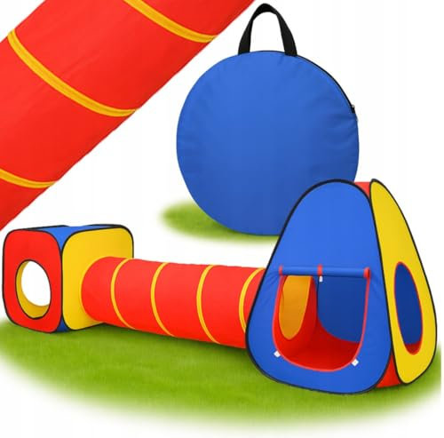 Valle Verde 3in1 Kinderzelt, Spielzelt, Krabbeltunnel,Spielhaus, Tipi, Bällebad - Mit Pop-Up-Funktion und Mesh-Einsätzen - Indoor und Outdoor - Aufbewahrungstasche - Mehrfarbig, 281 x 67 x 92 cm