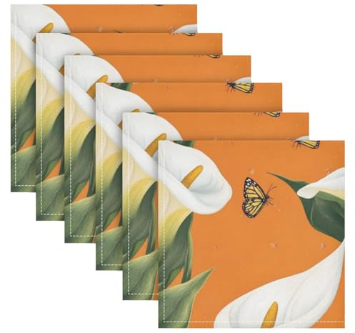 Lot de 6 serviettes de table décoratives en tissu polyester lavable Motif fleurs de lys Calla Orange 50,8 x 50,8 cm