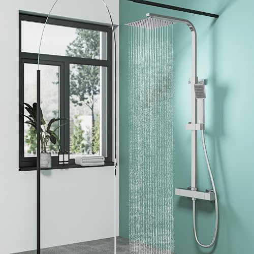 Biubiubath Colonne de Douche Thermostatique avec Mitigeur Réglable en Hauteur, Kit de Douche pour Salle de Bain (Gris clair)