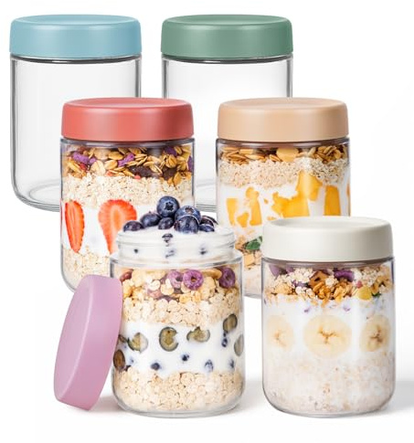 PITCH + PULSE Récipients à Avoine de Nuit de 500ml, 6 Pièces Conteneurs de Stockage des Aliments avec Couvercles, Tasses Parfaites pour les Céréales, les Noix, les Fruits, les Repas