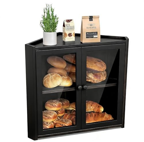 BAMBANG Corner Bread Bin for Kitchen Countertop, Double Layer Bamboo Bread Storage Container with 2 Doors, Farmhouse Large Bread Box, Wooden Breadbox Holder for Homemade Bread, Black