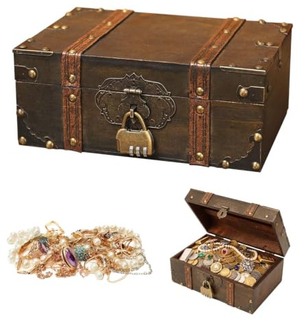Coffre À Bijoux En Bois,23.5x16x9.5cm,Coffre Décoratif En Bois,Coffre En Bois Vintage,Coffre Au Trésor En Bois Avec Cadenas,Coffre Pirate Vintage En Bois,Petit Coffre Au Trésor Vintage Pour Enfant