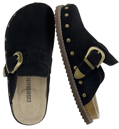 CUSHIONAIRE Bronco Slip On Mule Womens Shoes – Genuine Suede Leather Clogs with Adjustable Buckle and Studded Detailing, Stylish Shoes for Women, Black 8.5