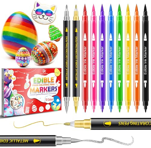 Food Colouring Pens -10 Colours Dual-Sided Edible Icing Pens Edible Markers | with Fine & Thick Tip, Paint for Easter Eggs, Fondant Icing, Cake Decorating, Cookies, Frosting, Food Grade Easter Pens
