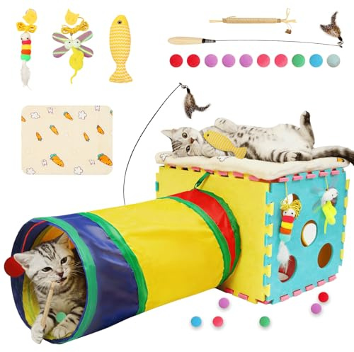 XIAPIA 7-Piece Cat Toys Set with Tunnel and Bed for Indoor Cats | Interactive Activity Center Includes Cozy Mat, Wand, Balls, and Chew Toys. Sturdy Design Holds up to 22 lbs (10kg)