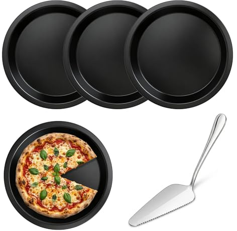 DAWRIS Set med 4 pizzabaksformar 16 cm rund av kolstål, mini pizzabjäll non-stick, pizzapanna/bakform för pizza, paj och ostkakor, inkl. kakkniv, perfekt för ugn, snacks, desserter och portioner