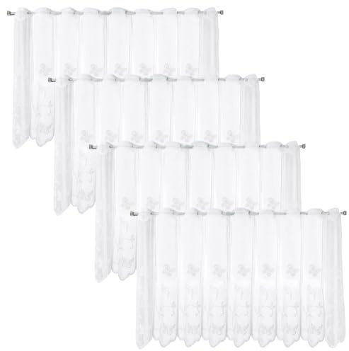 Chingcoo Scheibengardine, Bistrogardine 130 * 45CM, Weiß Halbtransparent, Besticke Kurzstores Blume, Kurzgardine für Wohnzimmer Schlafzimmer 4 Stück