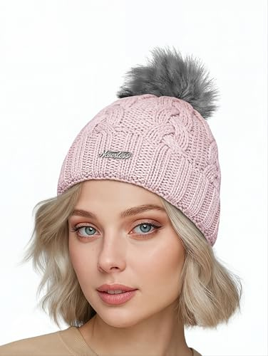 Neverless® Damen Strickmütze Zopfmuster Fleccefutter Bommelmütze Pudelmütze Wintermütze Accessoires Herbst Winter Model 2213 Rosa Unisize