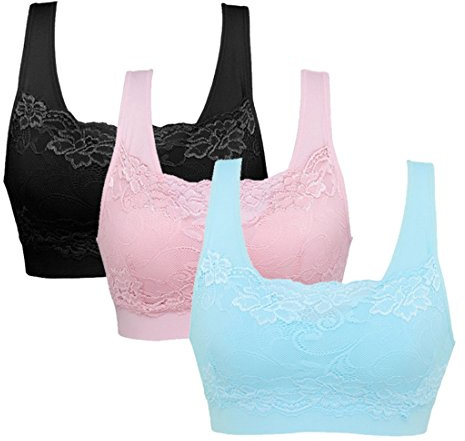 Vertvie dam stretch-bh utan byglar, push-up, yoga, sport bh, toppset för träning, stoppning, 3-pack, Blå+rosa + svart, L