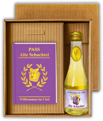 Alte Schachtel Geschenkset mit Pass & Piccolo Perlwein 0,2L 8% – Lustiges Ruhestand Geschenk für Frauen, Oma & Rentnerin – Willkommen im Club, witzige Geschenkidee Geburtstag Pension