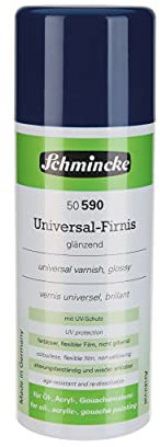 Schmincke - Universal-Firnis glänzend, Aerospray, 400 ml, 50 590 042, Schlussfirnis für Öl-, Acryl- und andere Maltechniken, Kunstharzfirnis mit UV-Schutz, farblos
