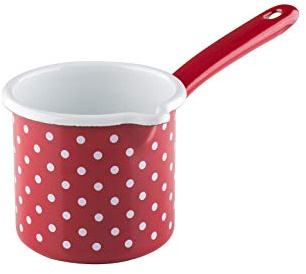 Riess, 0284-077, Schnabeltopf mit Stiel Ø 10cm, PÜNKTCHEN ROT, Emaille, Vol. (rec.): 0,7 Liter, Made in Österreich, LBH: 23,3x12,7x12,2cm, 0,343kg, Induktionskocher kompatibel, Gasherd geeignet