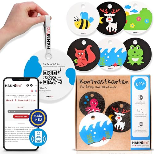 HANNIline® Kontrastkarten Baby [Made in EU] 20 Bilder 11 Karten Baby Spielzeug ab 6 Monate | mit Schlaufe, Elternratgeber, Online-Sounds und Stories | Montessori Spielzeug