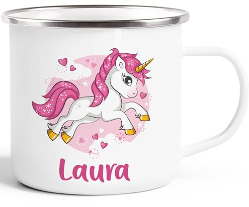 SpecialMe® Emaille Tasse Becher Einhorn Unicorn Namenstasse Weiss-metall Emailletasse