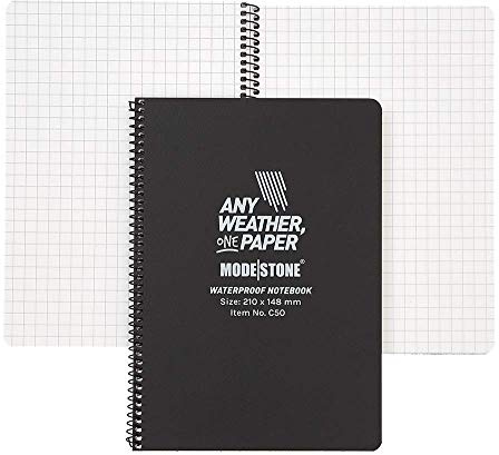 MODESTONE Outdoor Notizbuch A5 21 x 14,8 cm schwarzer Cover | Spiralbindung seitlich 50 Blätter kariert 7x7mm ohne Rand | wasserfest reißfest feuerfest
