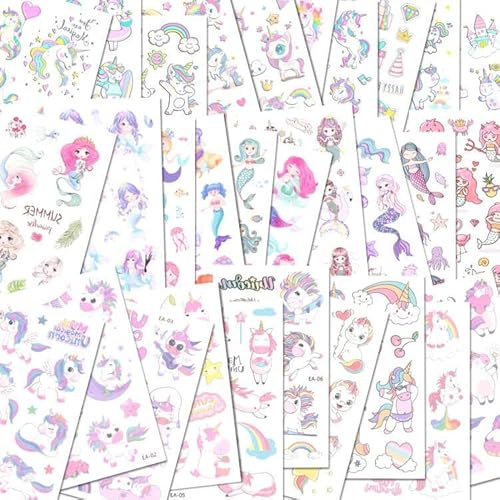 ACWOO Unicorn Temporary Tattoos, 30 Sheets Unicorn Mermaid Temporary Tattoo Stickers for Kids, 350+ Patterns Waterproof Removable, Birthday Party Bag Filler