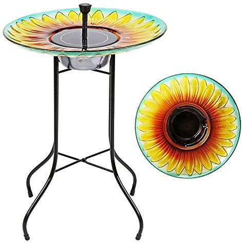 Taylor & Brown Solar Powered Glass Bird Bath Fountain Pond Décor Metal Stand Hand Painted Sunflower Outdoor Garden Decoration 16 inch Birdbath Water Feature