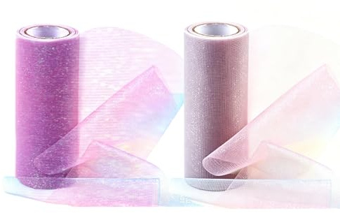 Hoshisea 2 Stück Regenbogen Glitzer Tüll Rolle, Tüll Roll Stoff Rollen, Tüll RolleTüllband, 15 cm x 9m, Tüll Stoff Geschenkpapier, Geeignet für die Herstellung von Kunsthandwerk (Lila Rosa)