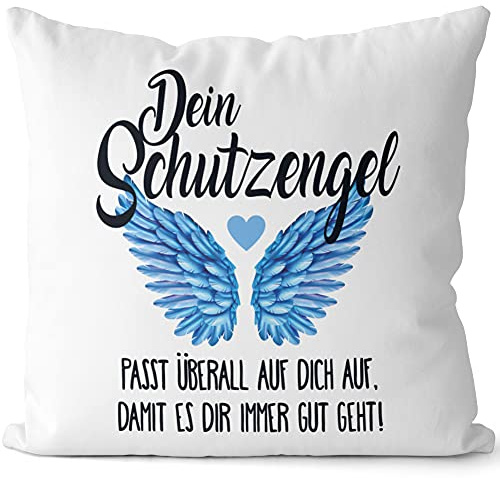 JUNIWORDS Kissen, Dein Schutzengel passt überall auf Dich auf, damit es dir Immer gut geht!, 40 x 40 cm, 2-farbig, Weiß-Hellblau