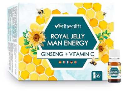Verihealth | Jalea Real Liofilizada Men Energy con Vitamina C y Ginseng | Mejora el Rendimiento Físico-Mental | Aporta Fuerza y Energía | 20 Viales | Tomar 1 Vial/Día Preferiblemente en Ayunas