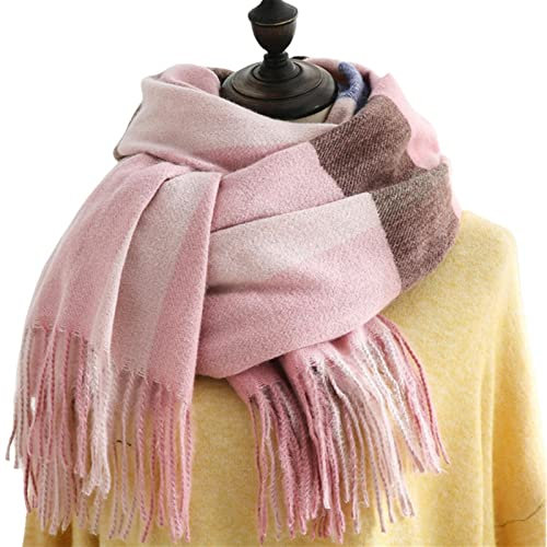 UKKO Kaschmirschal Plaid Damenschal Herbst Winter Warme Schal Wrap Bandana Lang Quaste-Pink,One Size