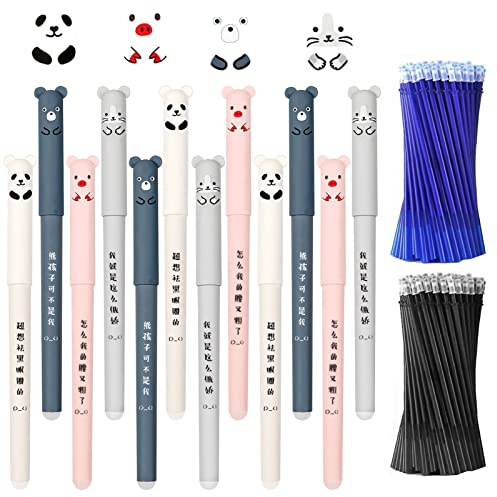 Meanju 12 Stück Cartoon Gel Ink Pen Gelschreiber mit 6 Blaue und 6 Schwarze | Nachfüllungen,Cartoon Radierbarer Kugelschreiber,Gelschreiber Süße Schweine Panda Gel Stift 0.35mm (Blau)
