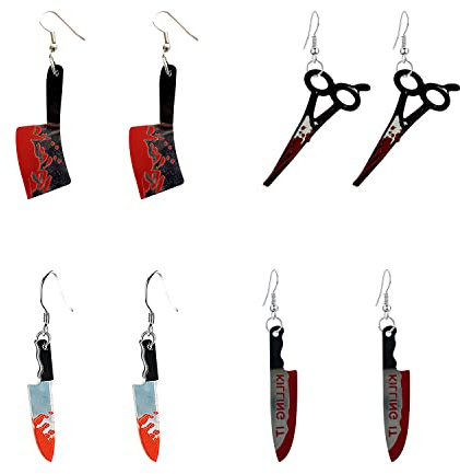 Juego de 4 pares de aretes colgantes de daga de cuchillo punk gótico acrílico con sangre impresa para mujeres, niñas, adolescentes, hip hop, joyería de fiesta de Halloween, Acrílico, N/C