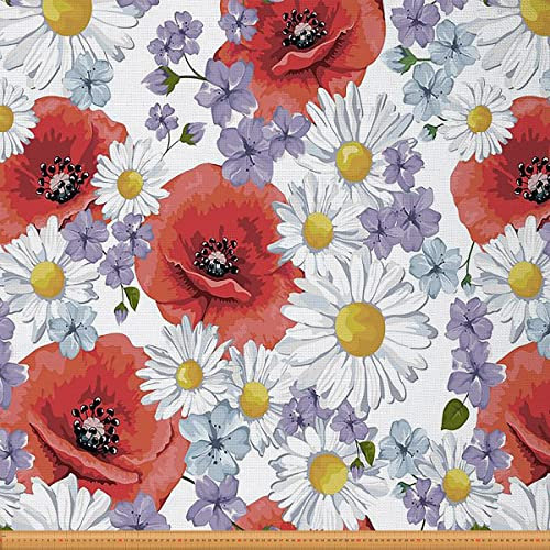 Gänseblümchen Stoff Meterware Mohnblumen Polsterstoff für Stühle Lila Blumenstoff Schicker Botanischer Garten Dekostoff für Drinnen und Draußen Diy Wasserdicht Rot Weiß 184 x 150 (HxB)