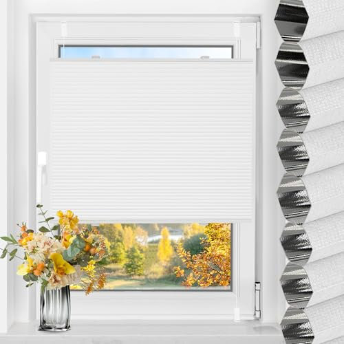 TFSKY Wabenplissee Plissee ohne Bohren Verdunkelung Klemmfix Zweifarbigz Weiß-Weiß B65 x H80 cm Plissees Thermo Doppelplissee Verdunkelnd Verdunklungsplissee Sonnen- & Schallschutz für Fenster