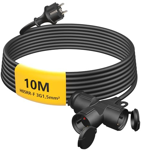 Verlängerungskabel Outdoor 10m mit 3 Schuko-Steckdosen, Gummi Verlängerung 3500W mit Schutzkappe für den Außenbereich IP44, Stromkabel H05RR-F 3G1,5mm² mit 3-Fach Verteiler, 16A/250V, Schwarz
