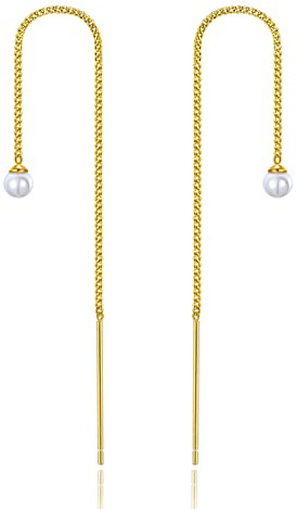 Stäbchen Durchzieher Ohrringe Gold 18k Vergoldetes Silber 925 Hängend Lang Quasten Einfädler Mit Perlen Anhänger Stecker Ohrhänger Runde Perle Geschenke für Damen Mädchen