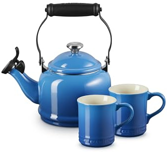 Le Creuset Hervidor Demi de acero esmaltado con acabados de metal y gres, juego de 2 tazas, 1.25 cuartos de galón y (2) tazas de 14 onzas, Marsella