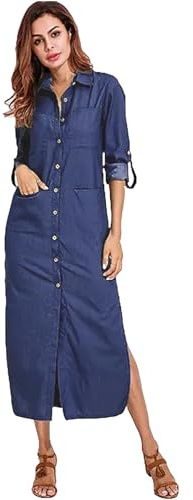 amropi Robe en Denim Femme Casual Boutonné à Chemise Manches Longues Jean Maxi Robes Marine,XXL