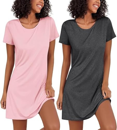 Ekouaer Night Dress Women uk Ladies Nightie 2 Pack Short Sleeve Nightdress Nightgowns Summer Nightdresses Womens, Pink+Grey, XXL