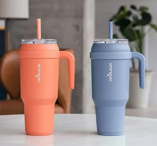 REDUCE 50 oz Mug Tumbler with Handle & Straw - Stainless Steel with Sip-It-Your-Way Lid - Keeps Water Cold up to 50 Hours - SweatProof, Dishwasher Safe, BPA Free - 2 Pack, Orange / Blue