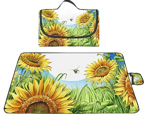 Picknickdecke 150x200cm,XXL Picknickdecke mit Wasserdichter Unterseite,Outdoor Stranddecke Sandfrei,mit Tragegriff Faltbare Picnic Blanket für Camping,Strand,Park,Familie,Konzerte Sonnenblume Mond