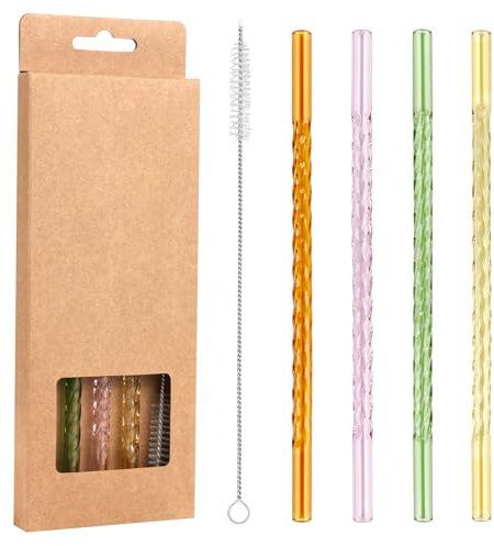 4 Stück Glas Strohhalme Wiederverwendbare Strohhalme Bunte, Transparent Trinkhalm Gerade mit Reinigungsbürsten, Umweltschonend frei von BPA Glasstrohhalme Lang für Cocktails, Smoothie und Säfte