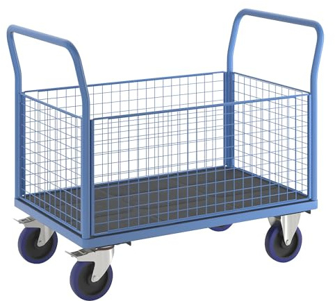 eurokraft pro | Plattformwagen mit Gitterwänden | 4 hohe Gitterwände, LxB 1250 x 800 mm, Vollelastikreifen