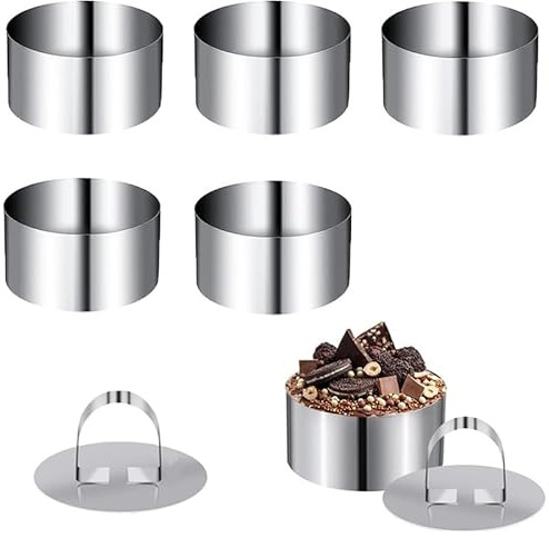 VIRSUS Coppapasta Tondi con 2 Presse in Acciaio Inox PI025, Diametro 8 cm, Anelli Rotondi con Coperchi Pusher, Stampi Monoporzione per Dessert, Torte, Frittatine di Pasta, Tartare (6)