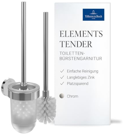 Villeroy & Boch Elements Tender Toilettenbürstengarnitur, rund – Chrom | Für Wandmontage geeignet, Behälter aus satiniertem Glas, inklusive langlebiger Bürste, TVA15101600061