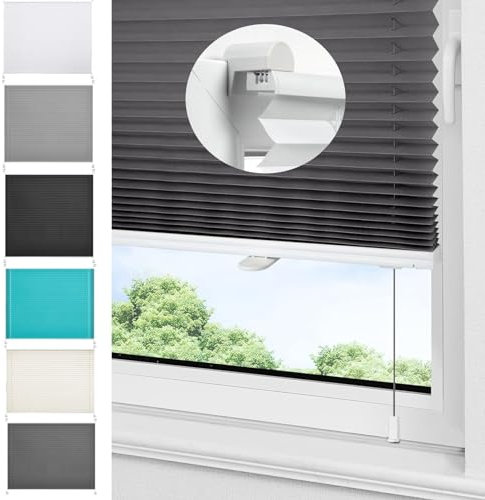 Faltrollos Für Fenster 85 x 140 cm Einfache Montage, Pflegeleicht Raffrollo, Fenster Plissee Inkl. Aller Montage-Teile für Schlafzimmer, Dunkelgrau
