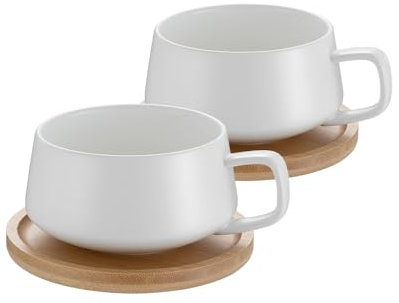 Set da 2 pezzi di tazze da cappuccino con piattini, tazze da caffè in ceramica da 320 ml, grandi tazze da cappuccino per gli amanti del caffè, cappuccino, latte, americano e tè, Bianco