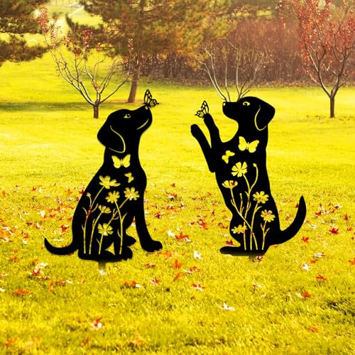 YiYa 2 Pack Metal Dog Decor, Animal Silhouette Garden Ornaments - Black Dog Wall Art for Lawn Decor