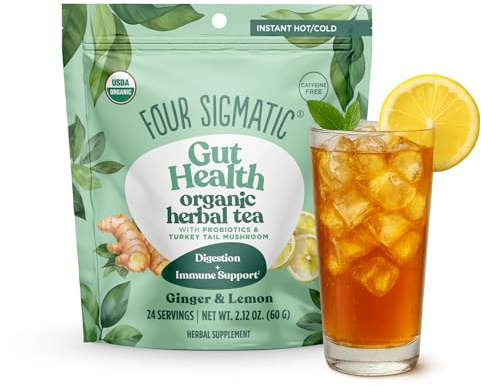 Four Sigmatic Gut Health Organic Herbal Tea | Organic Lemon Ginger Tea with Probiotics & Turkey Tail Mushroom | Instant Digestive Tea | Vegan, Gluten-Free | Lemon Ginger, 24 Servings