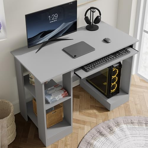 Blisswood Computer Desk, Small Home Office Desk with Storage Shelves & Sliding Keyboard Tray, Corner Writing Desk for Small-Space, Study, PC Gaming and Workstation (Grey, 100 x 55 x 75cm)