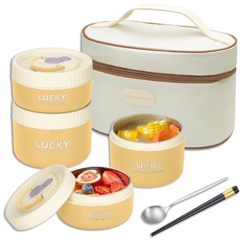 WORTHSUN Edelstahl-Bento-Box für Erwachsene, Bento-Box mit Thermoskanne, tragbar, isoliert, Lebensmittelbehälter-Set, 4 separate stapelbare Lunch-Behälter, Mikrowelle (gelb)