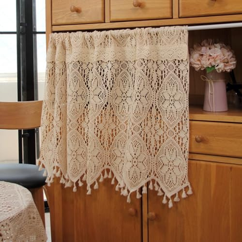 A.Monamour Cortina Cocina Ventana Puerta Corta Pequeña Rústico Boho Flores De Algodón Hueco De Encaje De Ganchillo Semi Transparente con Borlas Panel Cenefa Rustica Bistro para Dormitorio Café Baño