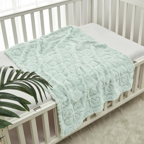 CREVENT 75cmX100cm Gemütliche weiche warme Sherpa Baby Decke für Mädchen Jungen, Neugeborene Essentials für Säugling, Baby Dusche Empfangen Geschenk mit grünem Herz