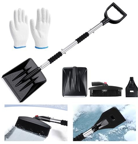 Pala Quitanieves 3 en 1, Pala Quitanieves Coche con Cepillo y Rascador Giratorio de 360°, Juego de Pala de Nieve Plastico Extraíble, para Camión, Coche, Hogar, Portátil - Negro